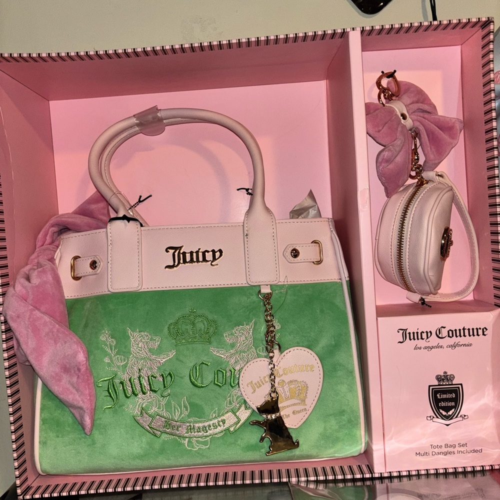 Juicy Couture Pink & Green Velvet Tote with Coin Purse and Bow Charm